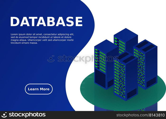 Server room isometric, Cloud storage data, Data center, Big data processing and computing technology. Vector illustration
