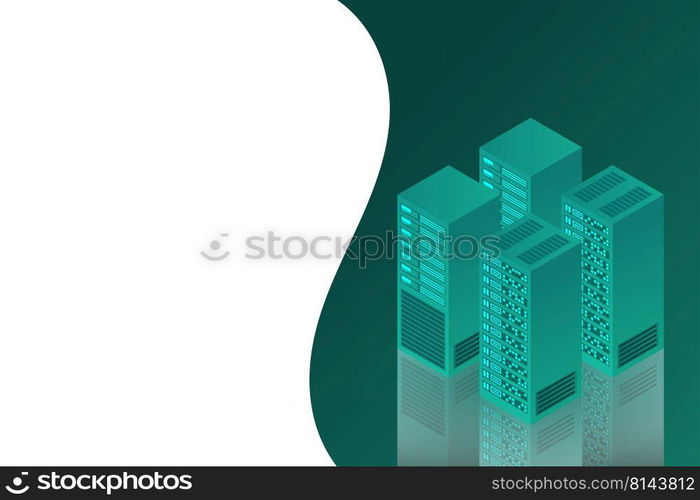 Server room isometric, Cloud storage data, Data center, Big data processing and computing technology. Vector illustration