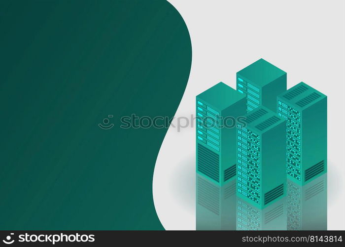 Server room isometric, Cloud storage data, Data center, Big data processing and computing technology. Vector illustration