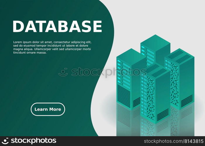 Server room isometric, Cloud storage data, Data center, Big data processing and computing technology. Vector illustration