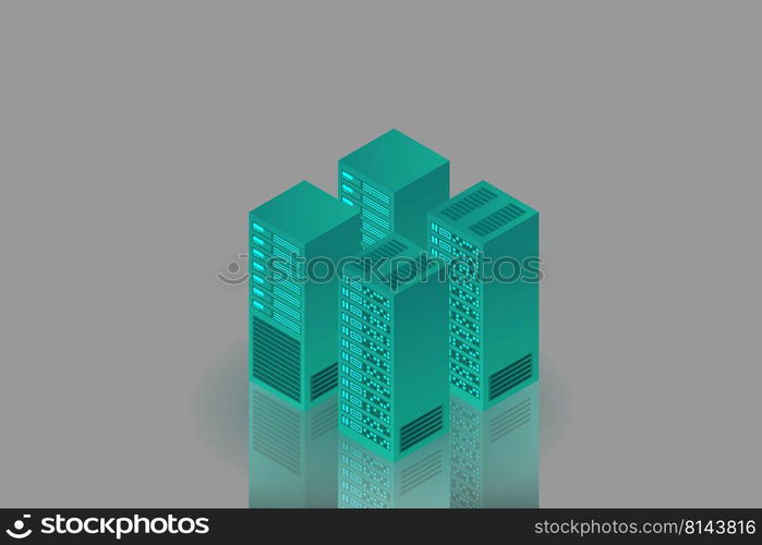 Server room isometric, Cloud storage data, Data center, Big data processing and computing technology. Vector illustration