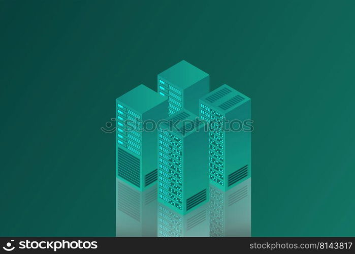 Server room isometric, Cloud storage data, Data center, Big data processing and computing technology. Vector illustration