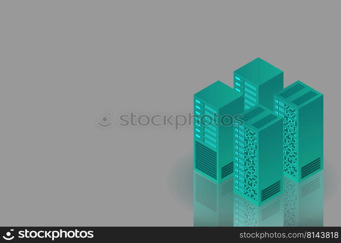 Server room isometric, Cloud storage data, Data center, Big data processing and computing technology. Vector illustration