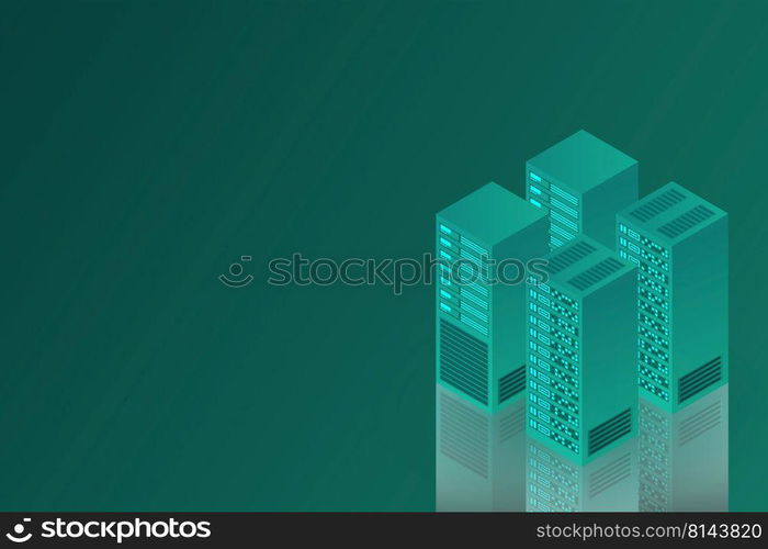 Server room isometric, Cloud storage data, Data center, Big data processing and computing technology. Vector illustration