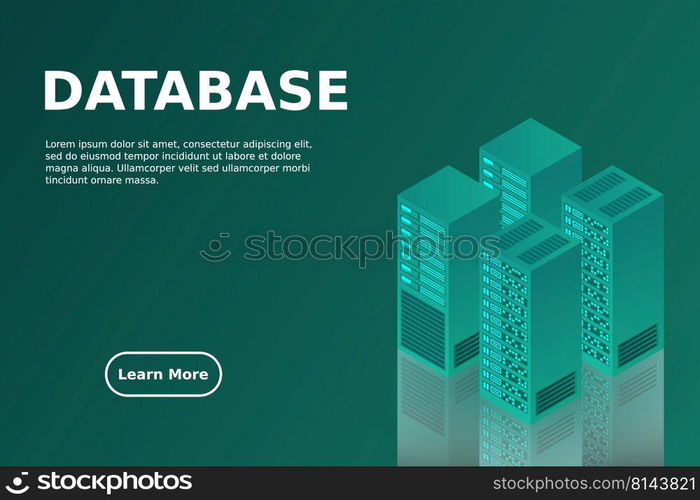 Server room isometric, Cloud storage data, Data center, Big data processing and computing technology. Vector illustration
