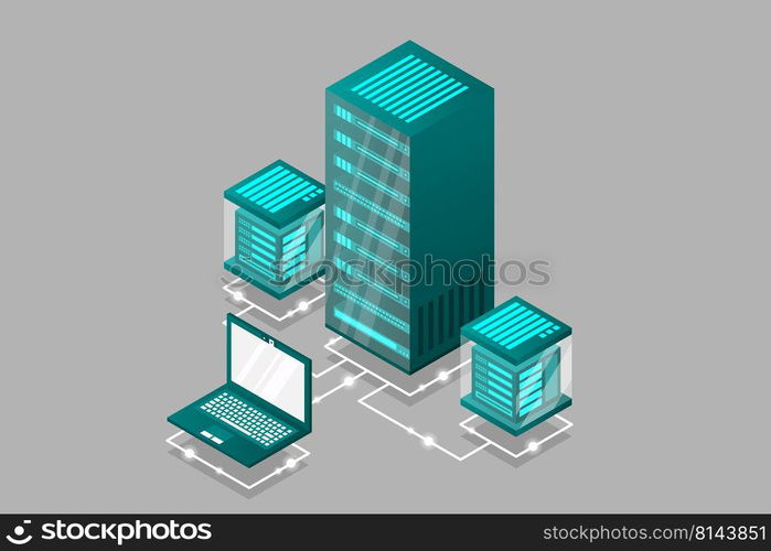 Server room isometric, Cloud storage data, Data center, Big data processing and computing technology. Vector illustration