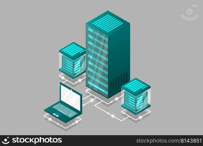 Server room isometric, Cloud storage data, Data center, Big data processing and computing technology. Vector illustration