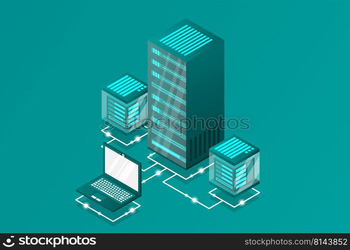 Server room isometric, Cloud storage data, Data center, Big data processing and computing technology. Vector illustration