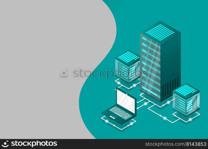 Server room isometric, Cloud storage data, Data center, Big data processing and computing technology. Vector illustration