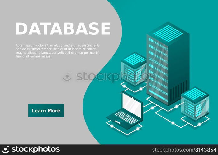 Server room isometric, Cloud storage data, Data center, Big data processing and computing technology. Vector illustration
