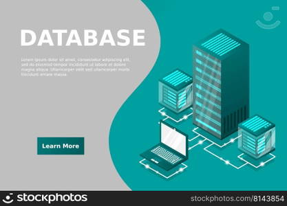 Server room isometric, Cloud storage data, Data center, Big data processing and computing technology. Vector illustration