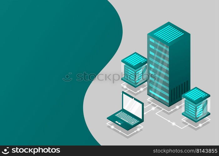 Server room isometric, Cloud storage data, Data center, Big data processing and computing technology. Vector illustration