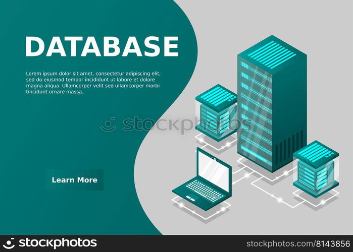 Server room isometric, Cloud storage data, Data center, Big data processing and computing technology. Vector illustration
