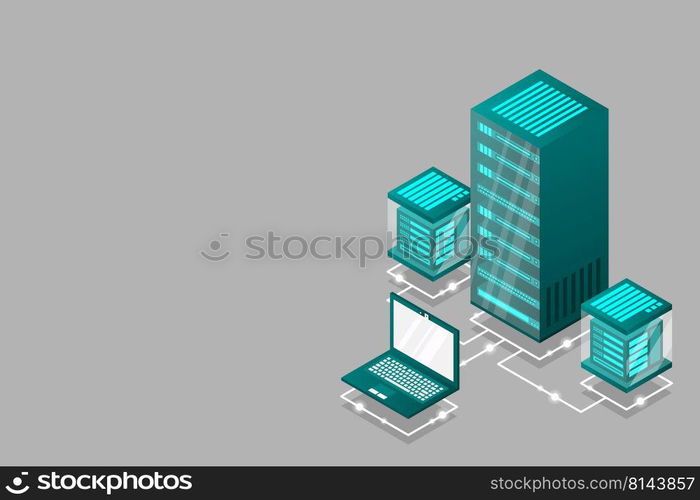 Server room isometric, Cloud storage data, Data center, Big data processing and computing technology. Vector illustration