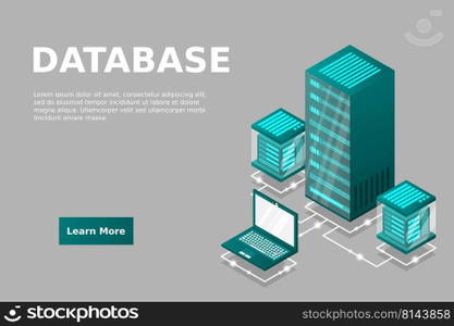 Server room isometric, Cloud storage data, Data center, Big data processing and computing technology. Vector illustration