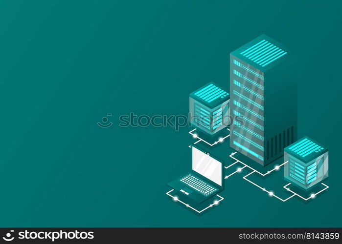 Server room isometric, Cloud storage data, Data center, Big data processing and computing technology. Vector illustration