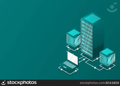 Server room isometric, Cloud storage data, Data center, Big data processing and computing technology. Vector illustration