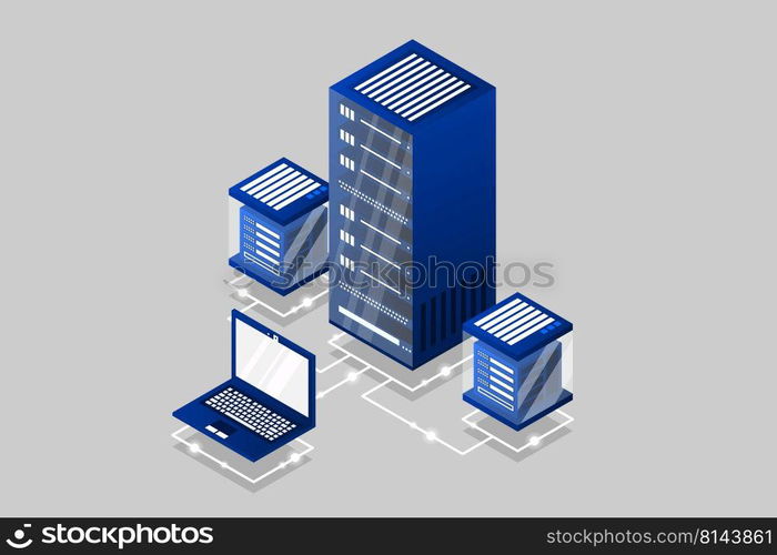 Server room isometric, Cloud storage data, Data center, Big data processing and computing technology. Vector illustration