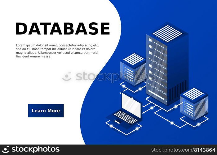 Server room isometric, Cloud storage data, Data center, Big data processing and computing technology. Vector illustration