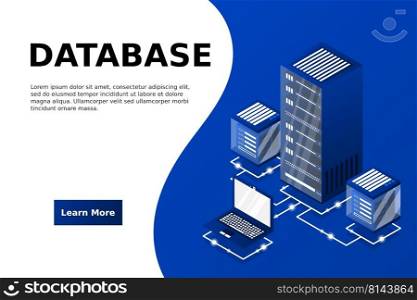Server room isometric, Cloud storage data, Data center, Big data processing and computing technology. Vector illustration