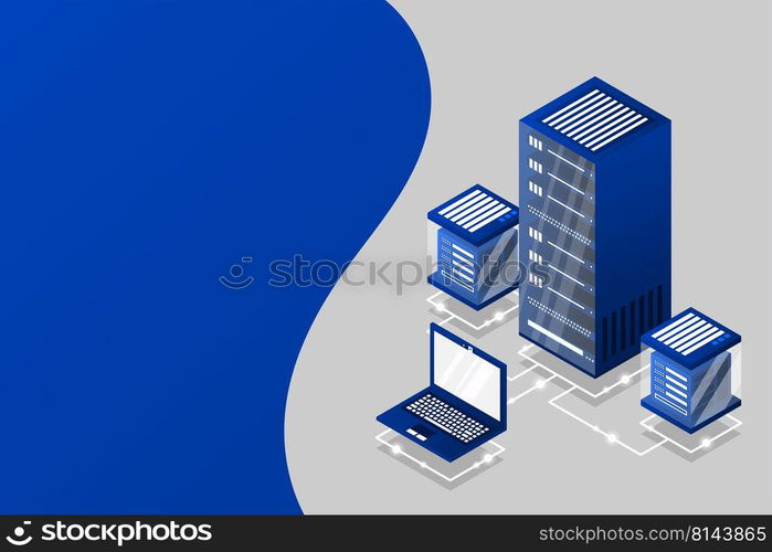 Server room isometric, Cloud storage data, Data center, Big data processing and computing technology. Vector illustration
