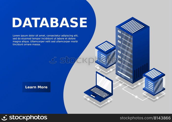 Server room isometric, Cloud storage data, Data center, Big data processing and computing technology. Vector illustration