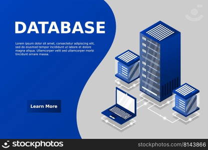 Server room isometric, Cloud storage data, Data center, Big data processing and computing technology. Vector illustration