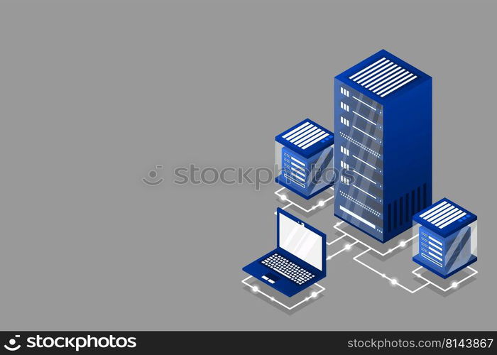 Server room isometric, Cloud storage data, Data center, Big data processing and computing technology. Vector illustration