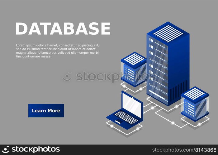 Server room isometric, Cloud storage data, Data center, Big data processing and computing technology. Vector illustration