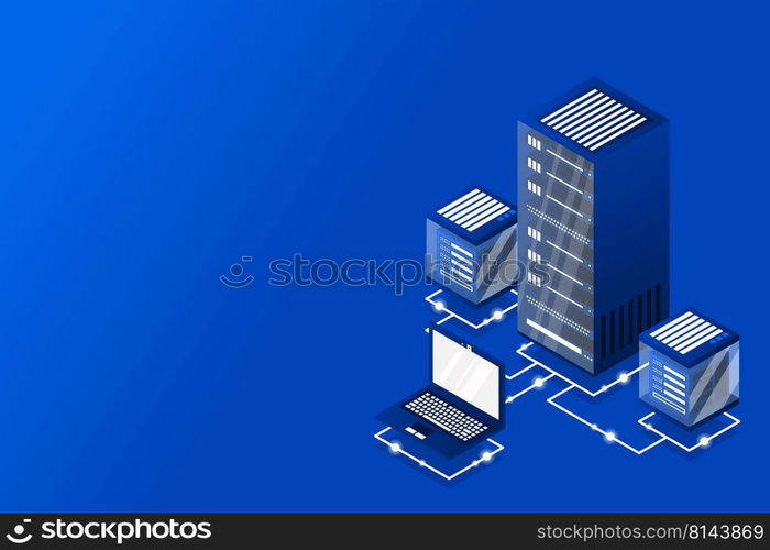 Server room isometric, Cloud storage data, Data center, Big data processing and computing technology. Vector illustration