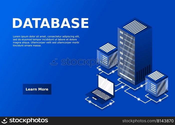 Server room isometric, Cloud storage data, Data center, Big data processing and computing technology. Vector illustration