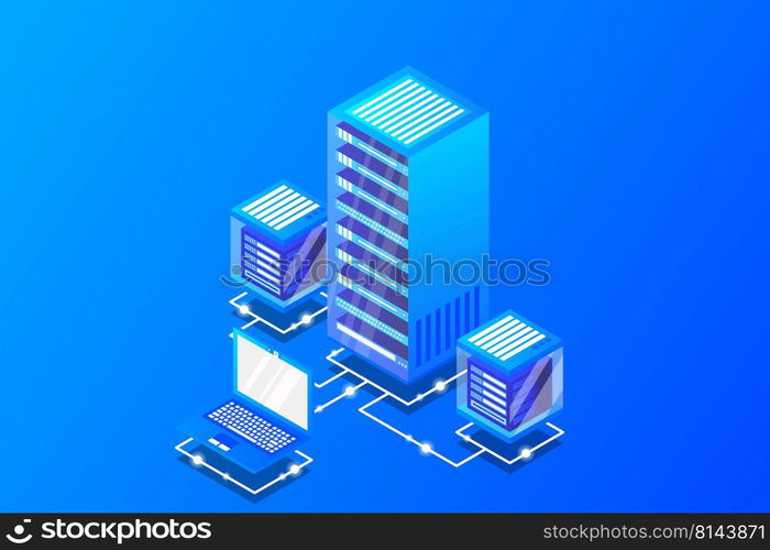 Server room isometric, Cloud storage data, Data center, Big data processing and computing technology. Vector illustration