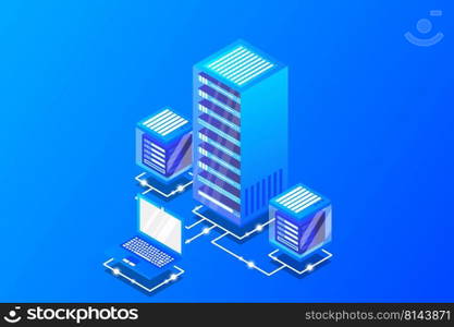 Server room isometric, Cloud storage data, Data center, Big data processing and computing technology. Vector illustration