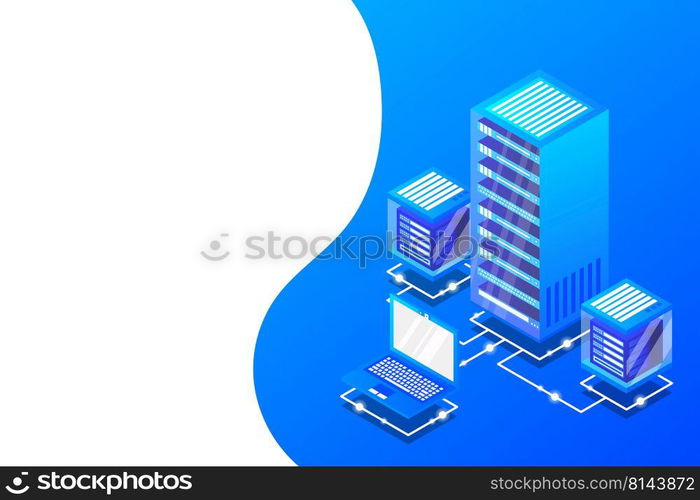 Server room isometric, Cloud storage data, Data center, Big data processing and computing technology. Vector illustration