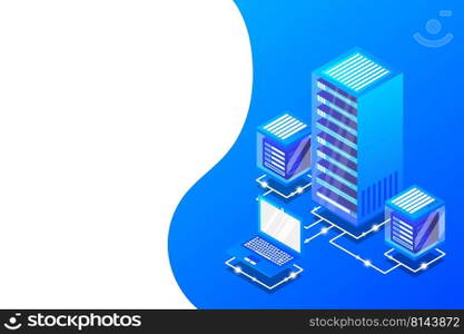 Server room isometric, Cloud storage data, Data center, Big data processing and computing technology. Vector illustration