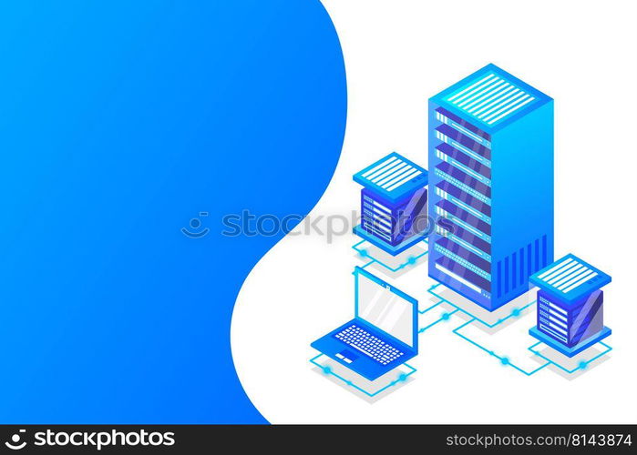 Server room isometric, Cloud storage data, Data center, Big data processing and computing technology. Vector illustration