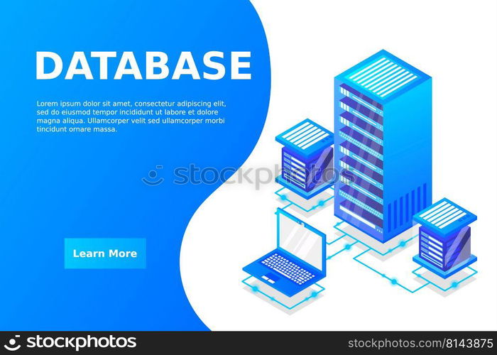 Server room isometric, Cloud storage data, Data center, Big data processing and computing technology. Vector illustration