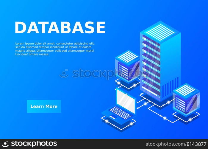 Server room isometric, Cloud storage data, Data center, Big data processing and computing technology. Vector illustration