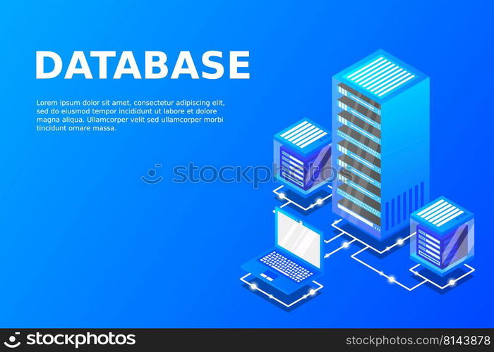 Server room isometric, Cloud storage data, Data center, Big data processing and computing technology. Vector illustration