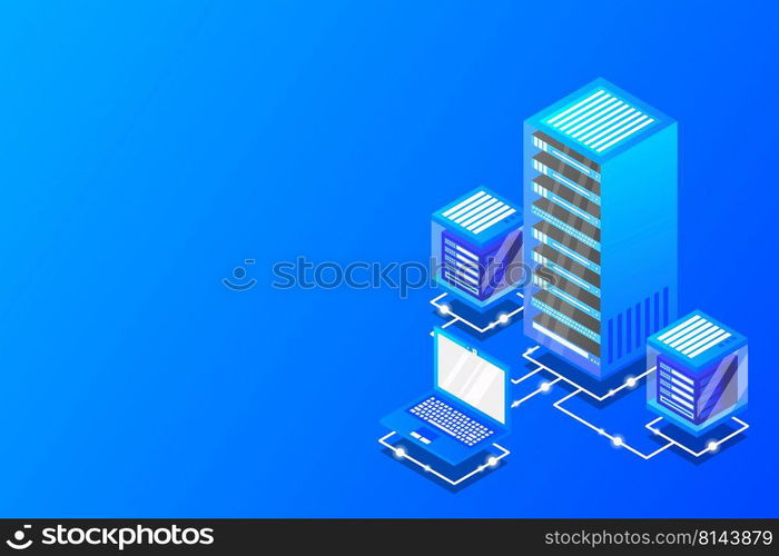 Server room isometric, Cloud storage data, Data center, Big data processing and computing technology. Vector illustration