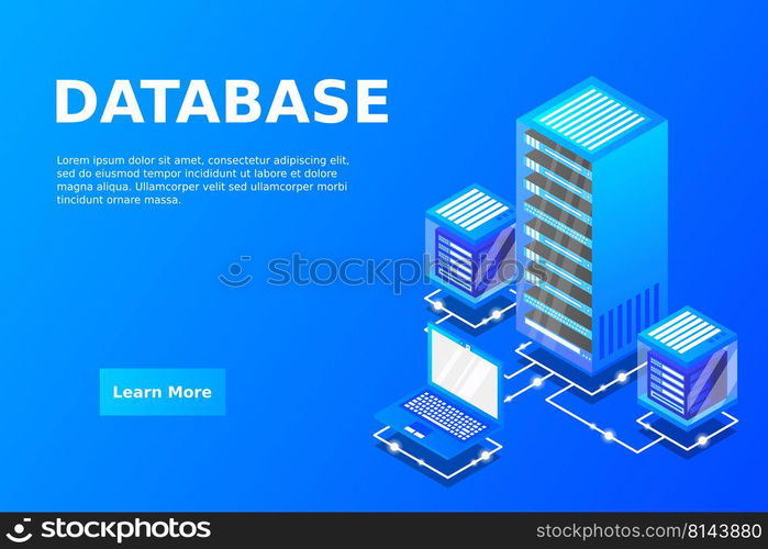 Server room isometric, Cloud storage data, Data center, Big data processing and computing technology. Vector illustration