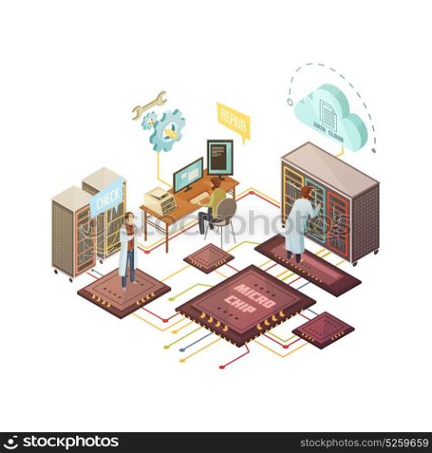 Server Room Isometric Illustration. Server room with staff and equipment repair and support services cloud storage and microchips isometric vector illustration