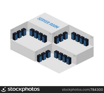 Server room isometric image, information storage and processing room. Vector stock illustration.