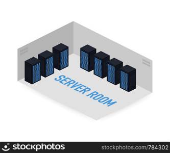 Server room isometric image, information storage and processing room. Vector stock illustration.