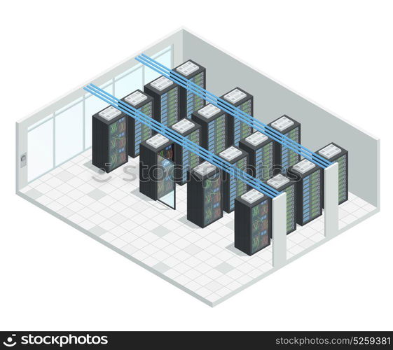 Server Room Isometric Interior. Datacenter server cloud computing isometric interior composition with four rows of hardware server case cabinet images vector illustration
