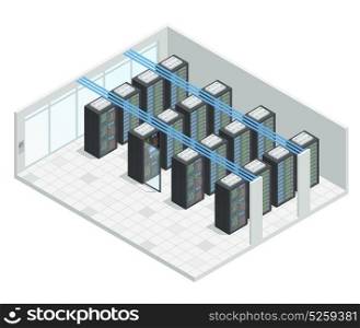 Server Room Isometric Interior. Datacenter server cloud computing isometric interior composition with four rows of hardware server case cabinet images vector illustration