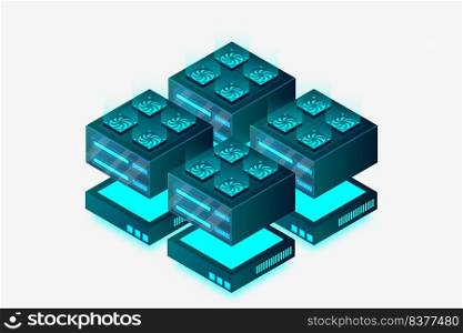 Server room isometric, Mainframe, powered server, high technology concept, Data center, Big data processing and computing technology. Vector illustration
