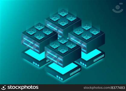 Server room isometric, Mainframe, powered server, high technology concept, Data center, Big data processing and computing technology. Vector illustration