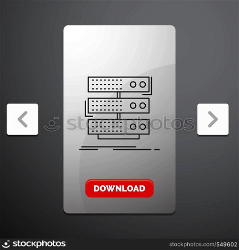server, storage, rack, database, data Line Icon in Carousal Pagination Slider Design & Red Download Button. Vector EPS10 Abstract Template background