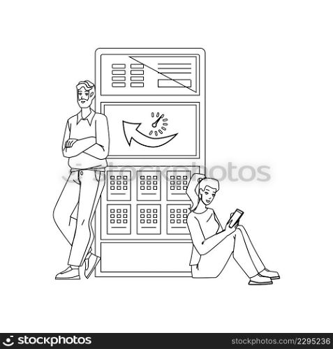 Server Uptime Checking Developers It Worker Black Line Pencil Drawing Vector. Young Man And Woman Check And Fix Machine Server Uptime. Characters Couple Fixing Computer Digital Technology Illustration. Server Uptime Checking Developers It Worker Vector